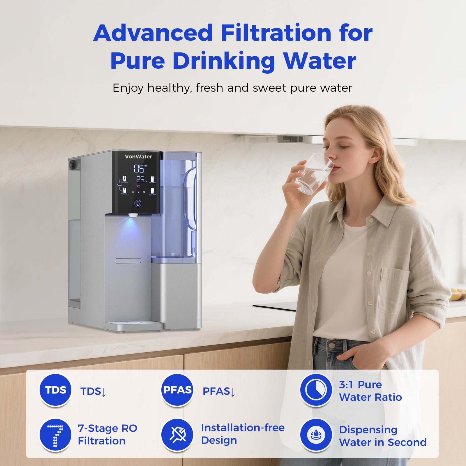 VonWater CT910HG | Instant Hot Countertop RO System, 7-Stage Water Purifier