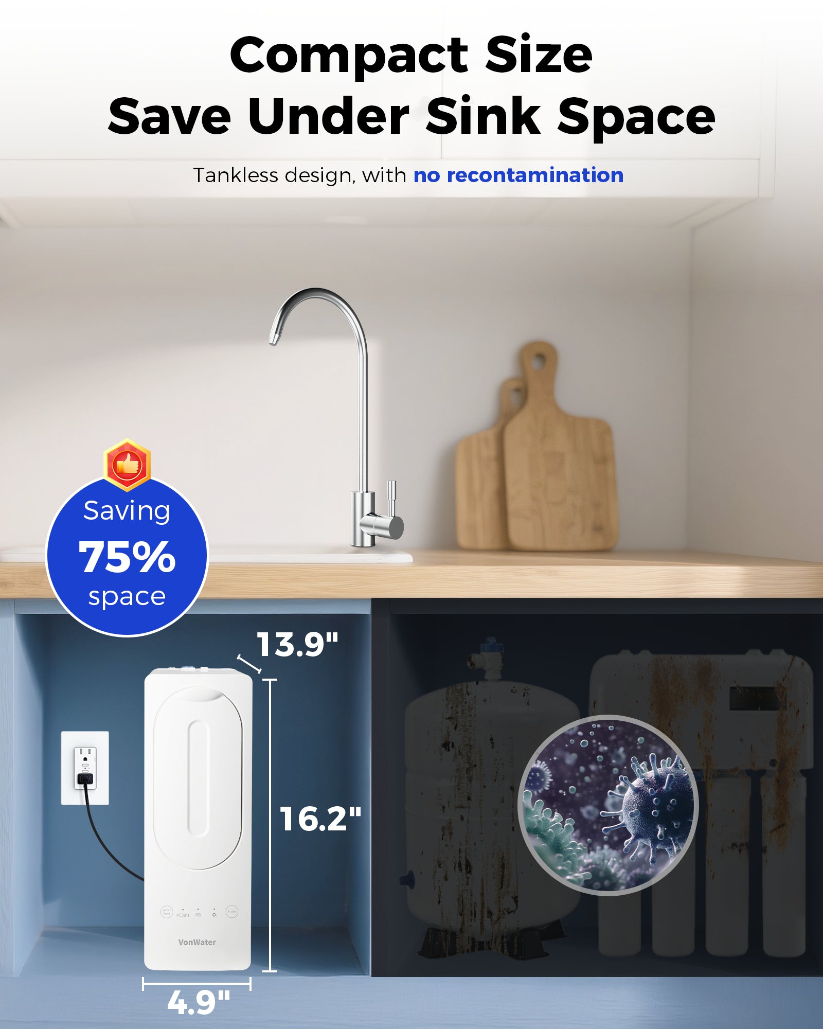 VonWater V2 800GPD Tankless Under Sink RO System with Faucet, Reduce TDS, PFAS, Heavy Metal