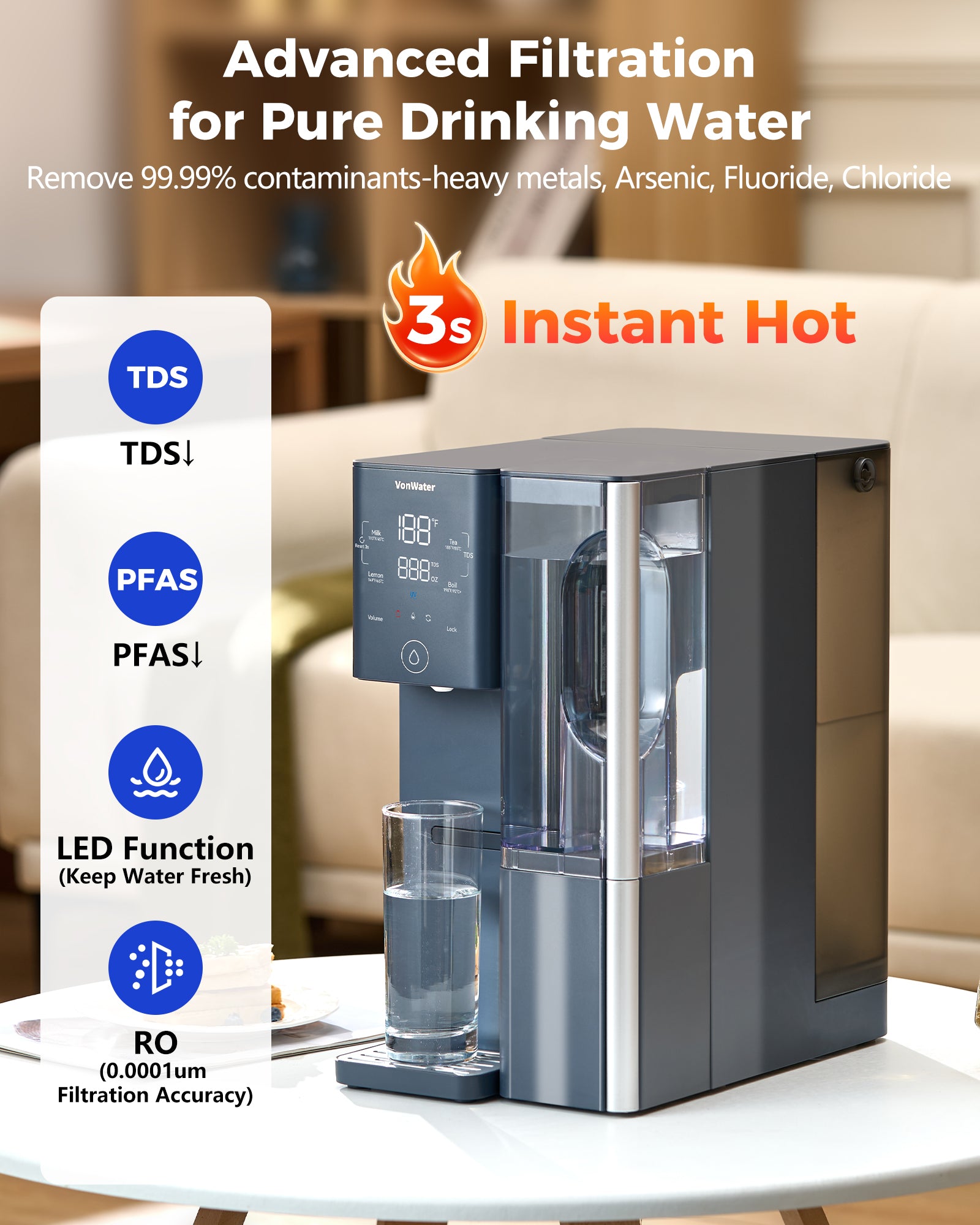 VonWater CT910H Instant Hot Countertop RO System, 7-Stage Water Purifier