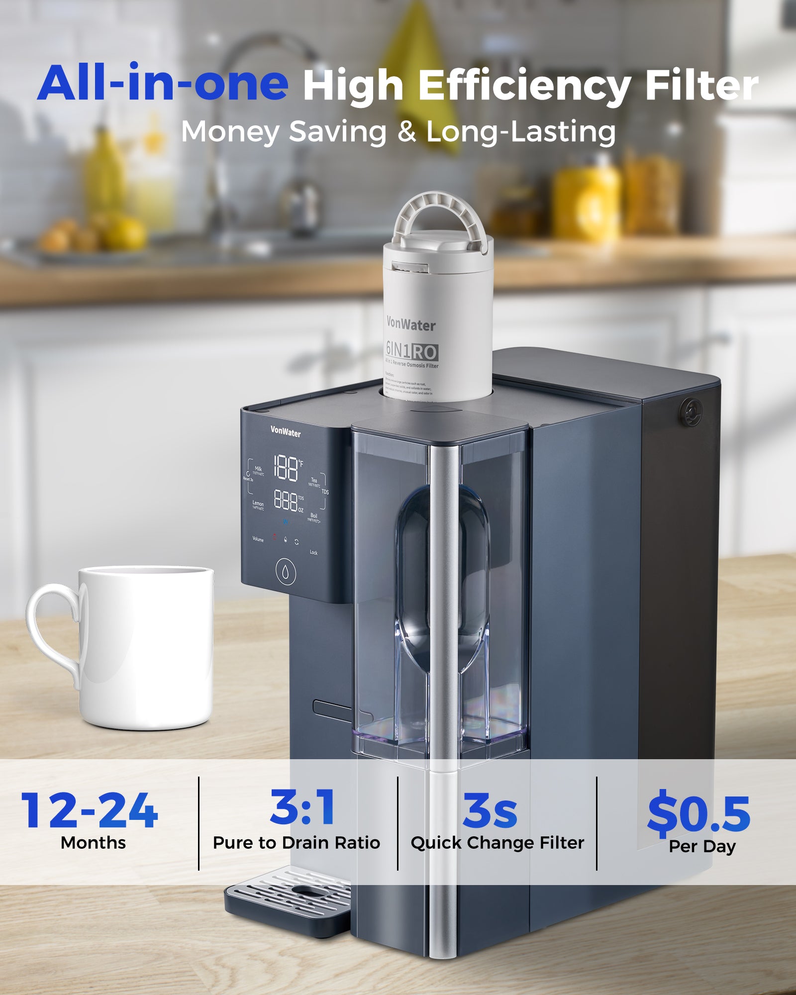 VonWater CT910H Instant Hot Countertop RO System, 7-Stage Water Purifier