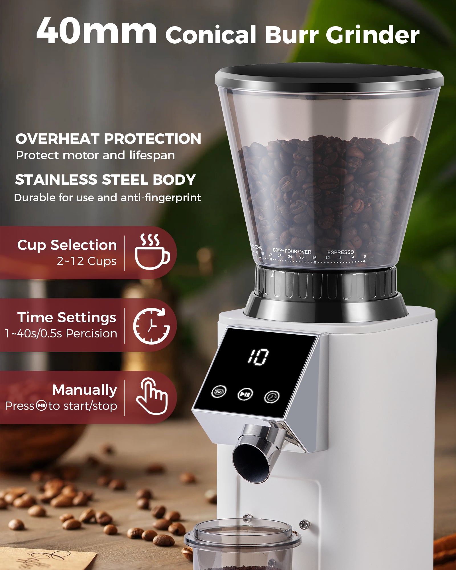 48Grinding Setting Espresso Conical Burr Grinder| Ivory