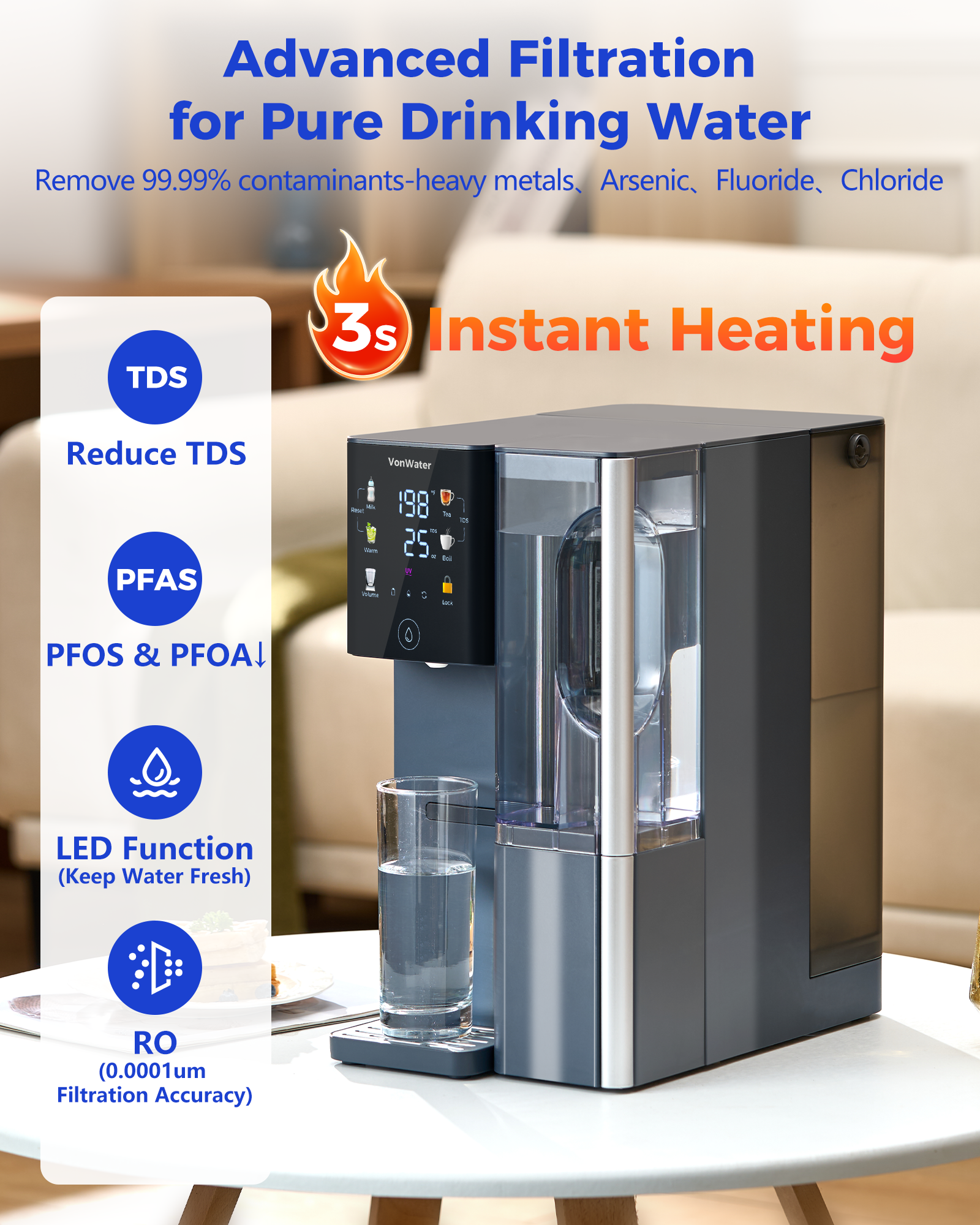 VonWater CT910H Instant Hot Countertop RO System, 7-Stage Water Purifier