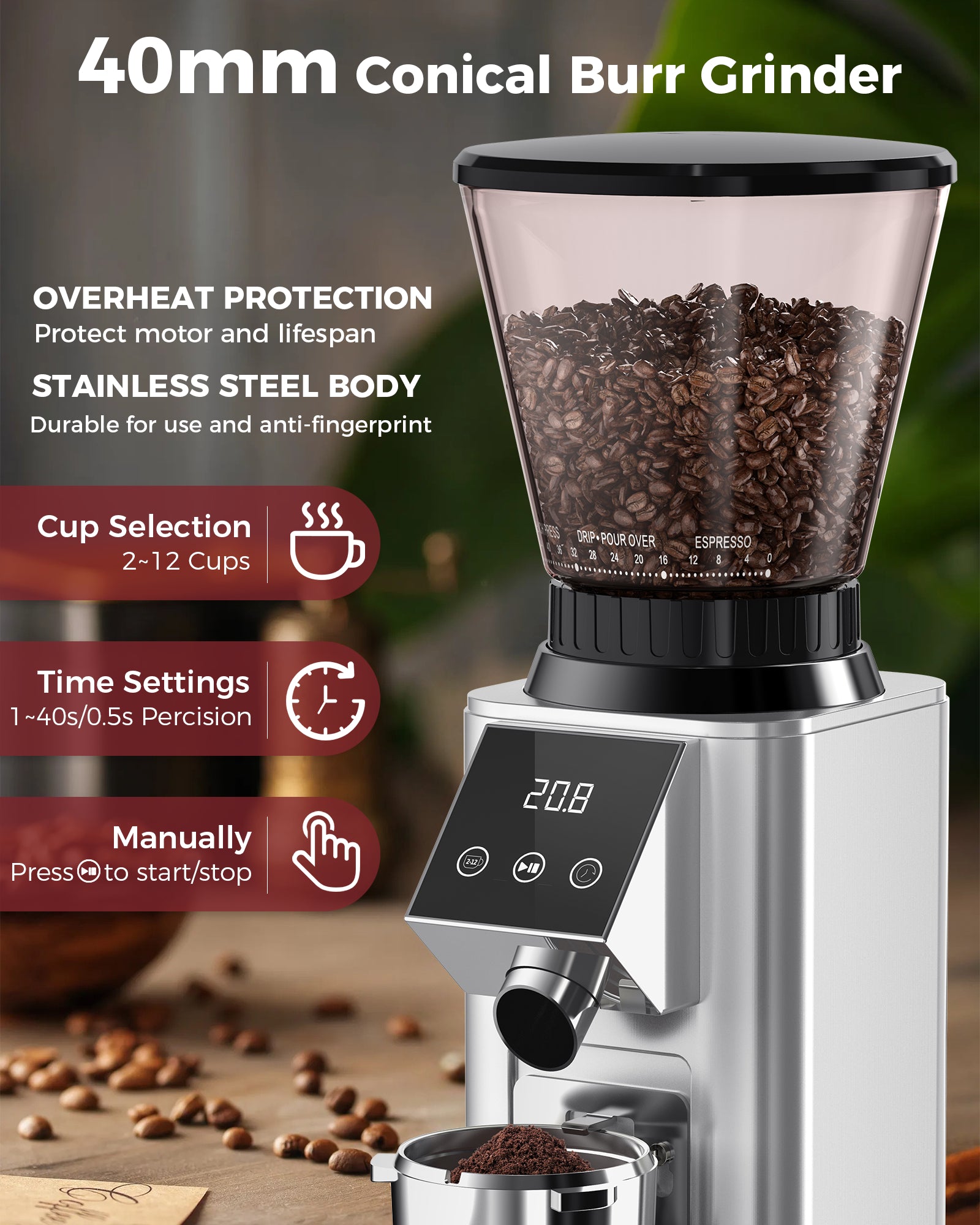 40MM Conical Burr Grinder Espresso Bean Grinder| Sliver