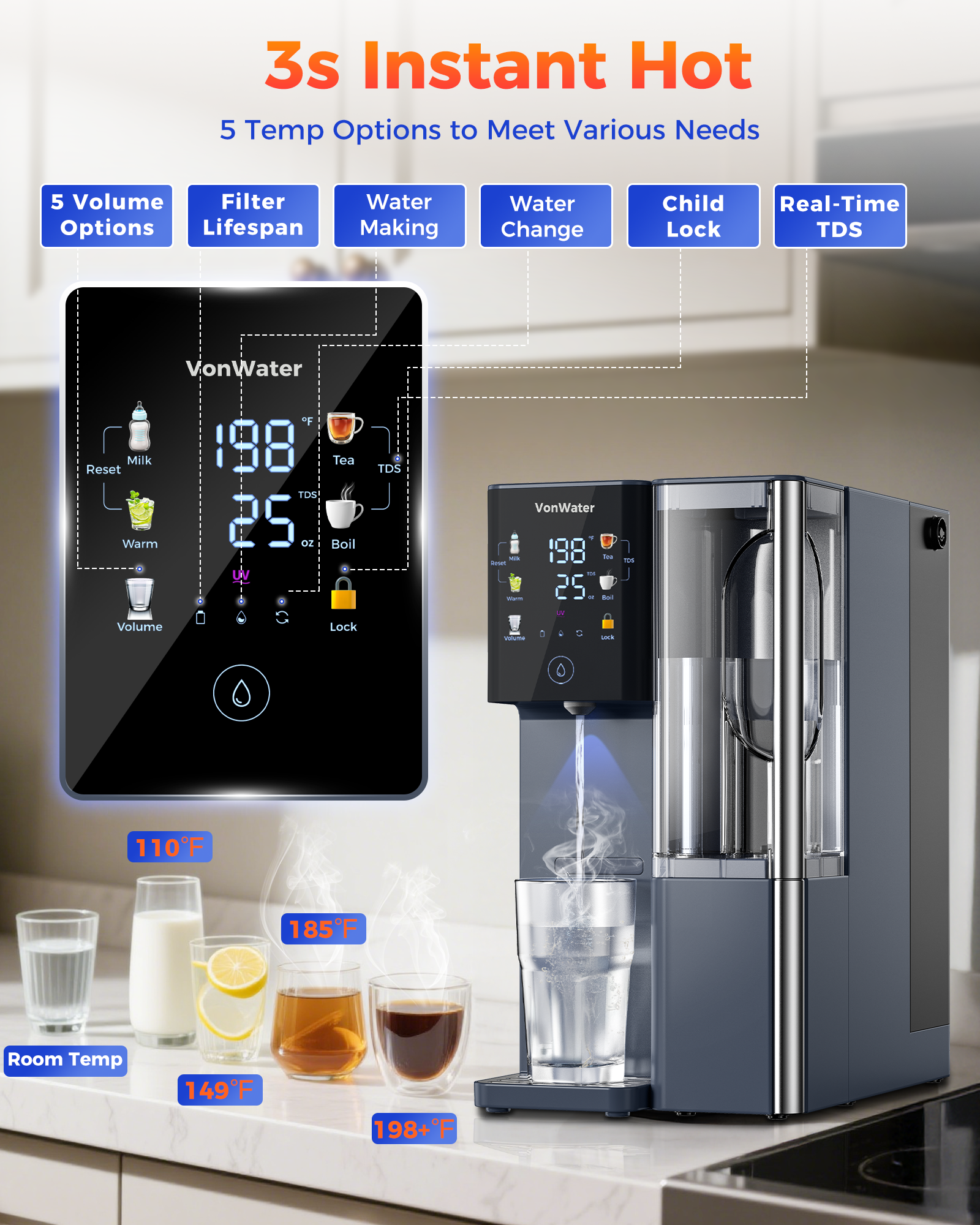 VonWater CT910H Instant Hot Countertop RO System, 7-Stage Water Purifier
