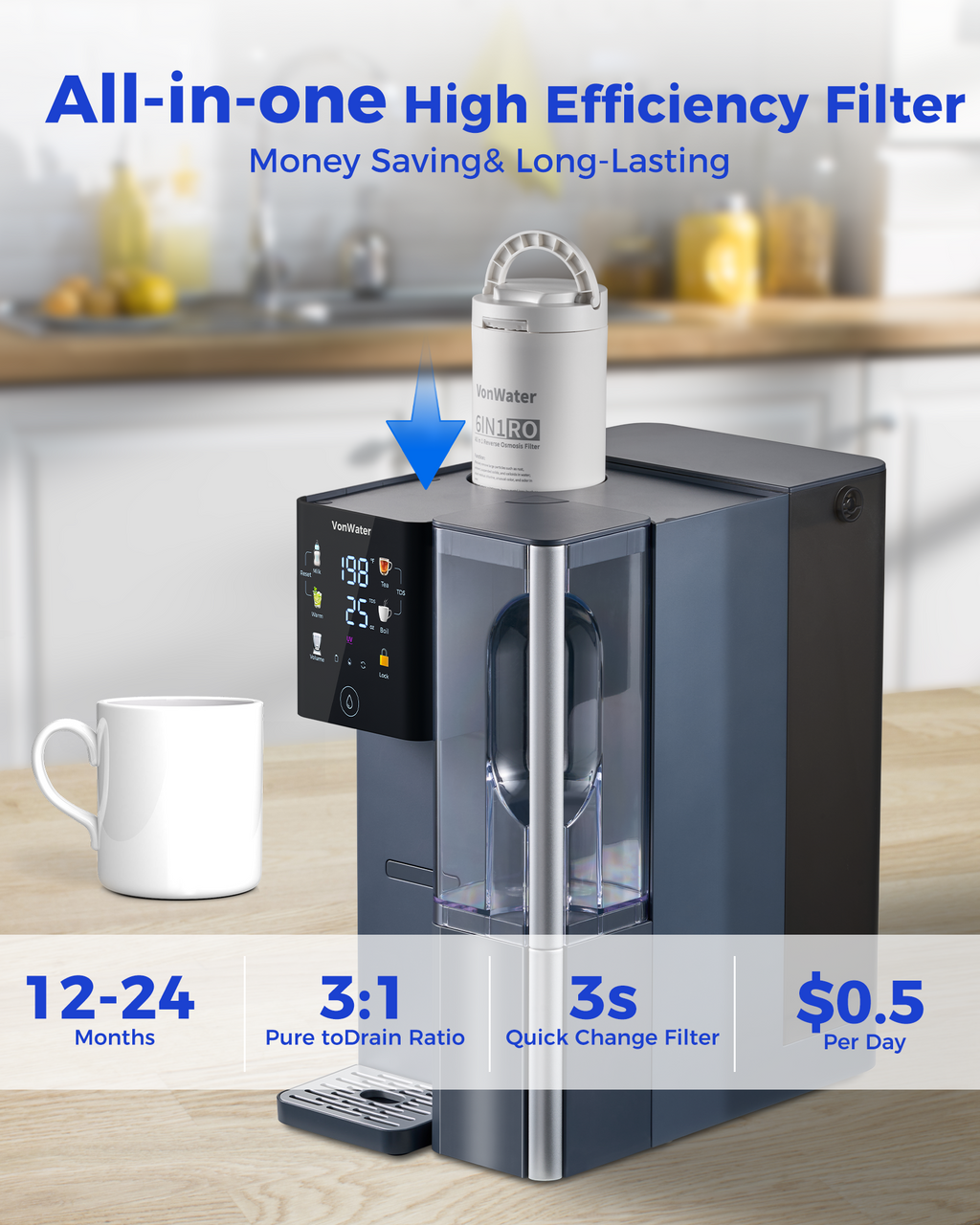 VonWater CT910H Instant Hot Countertop RO System, 7-Stage Water Purifier
