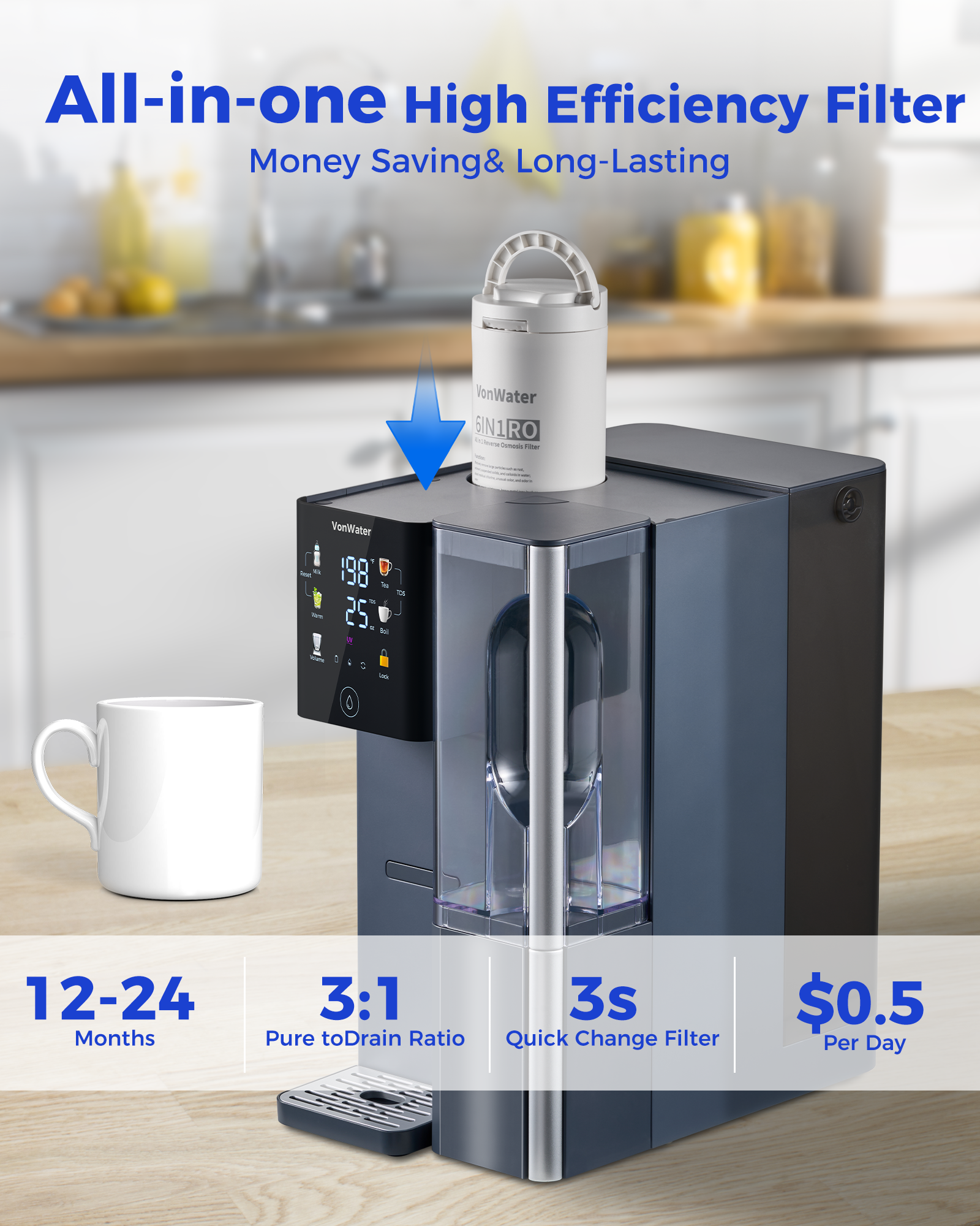 VonWater CT910H Instant Hot Countertop RO System, 7-Stage Water Purifier
